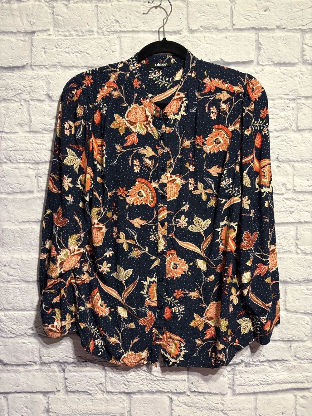 Olsen Navy Floral Button-Front Blouse with Orange Blooms L/14